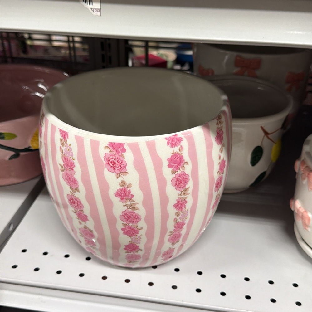 Pink Striped Floral Ceramic Planter